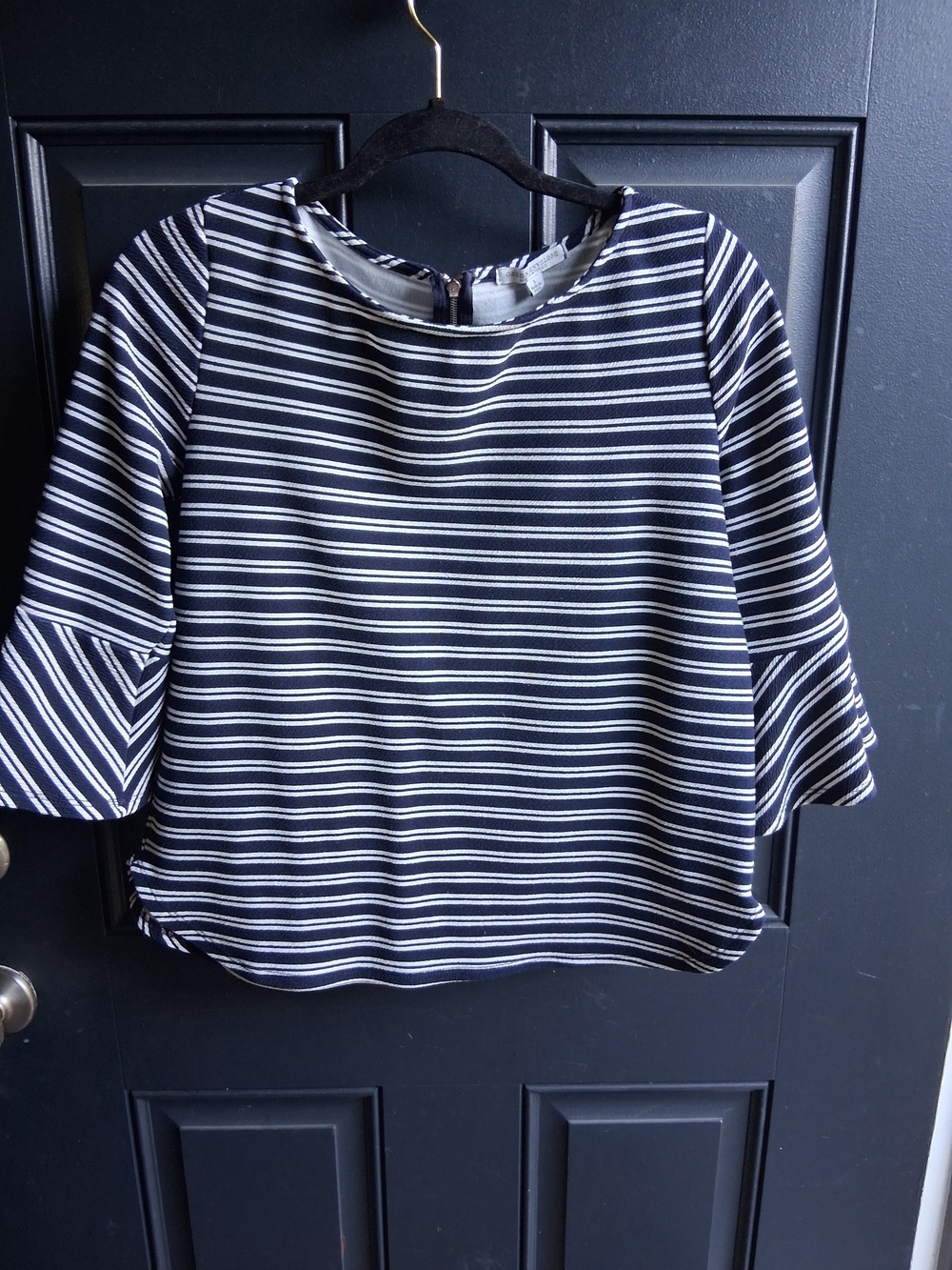 Green Envelope Navy and White Striped Bell Sleeve Blouse